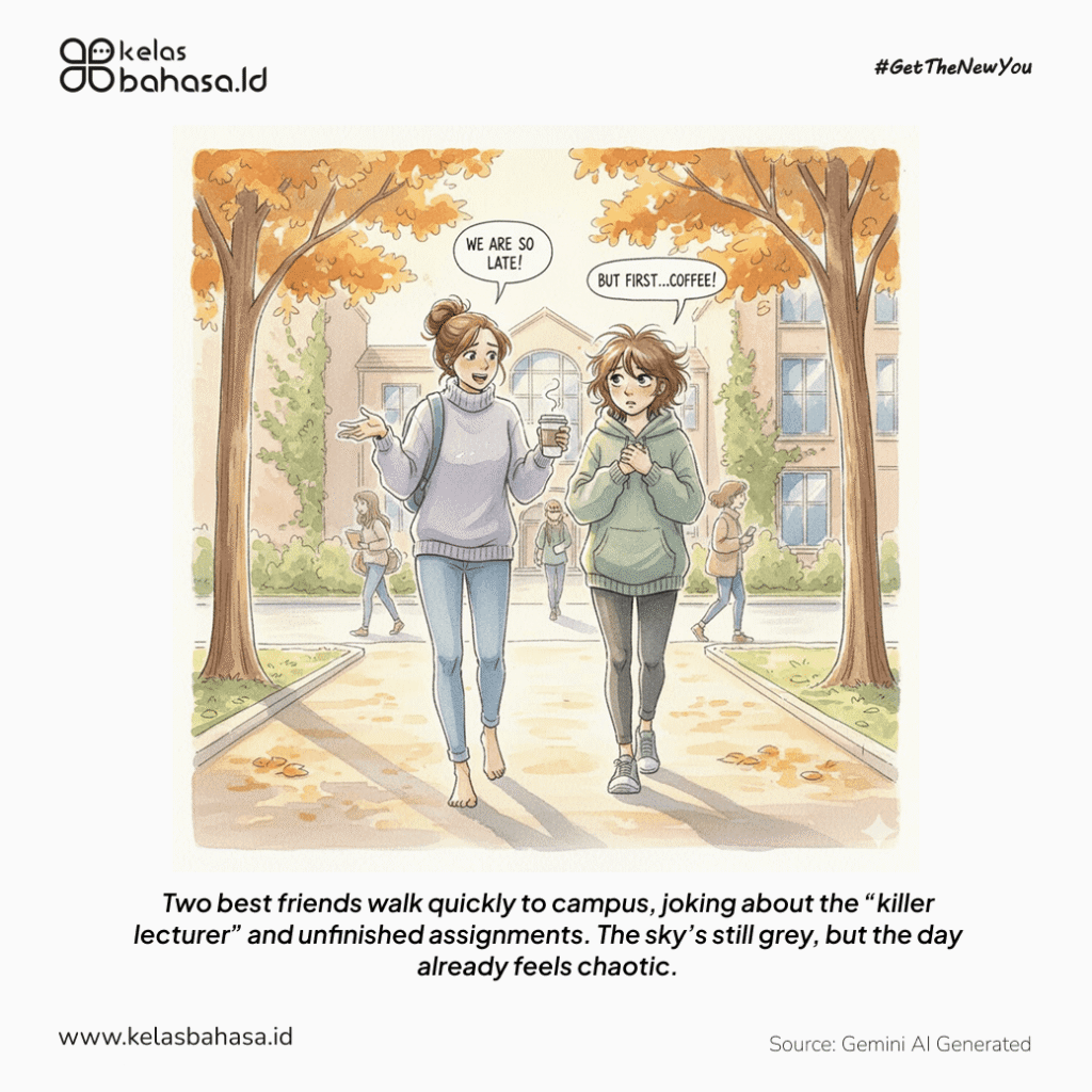 ILustrasi Contoh Percakapan Bahasa Inggris 2 orang di Kampus Ilustrasi Contoh Percakapan Bahasa Inggris 2 orang di Kampus