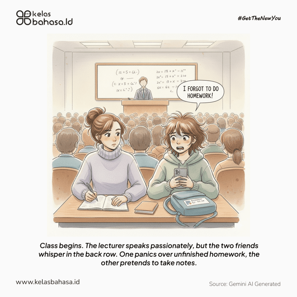 ILustrasi Contoh Percakapan Bahasa Inggris 2 orang di Kampus Ilustrasi Contoh Percakapan Bahasa Inggris 2 orang di Kampus
